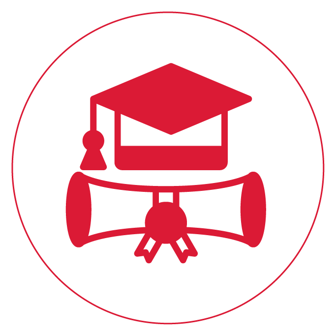 Red icon featuring a graduation cap and rolled diploma