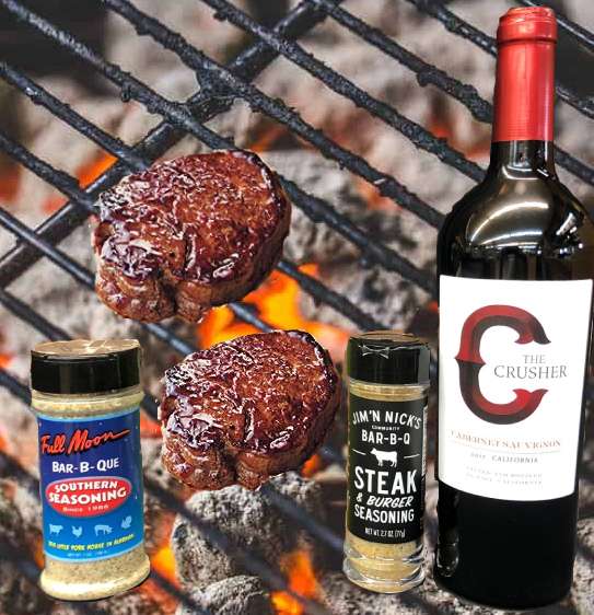 Light The Grill Gift Set Grilled filets with BBQ seasonings and red wine bottle.